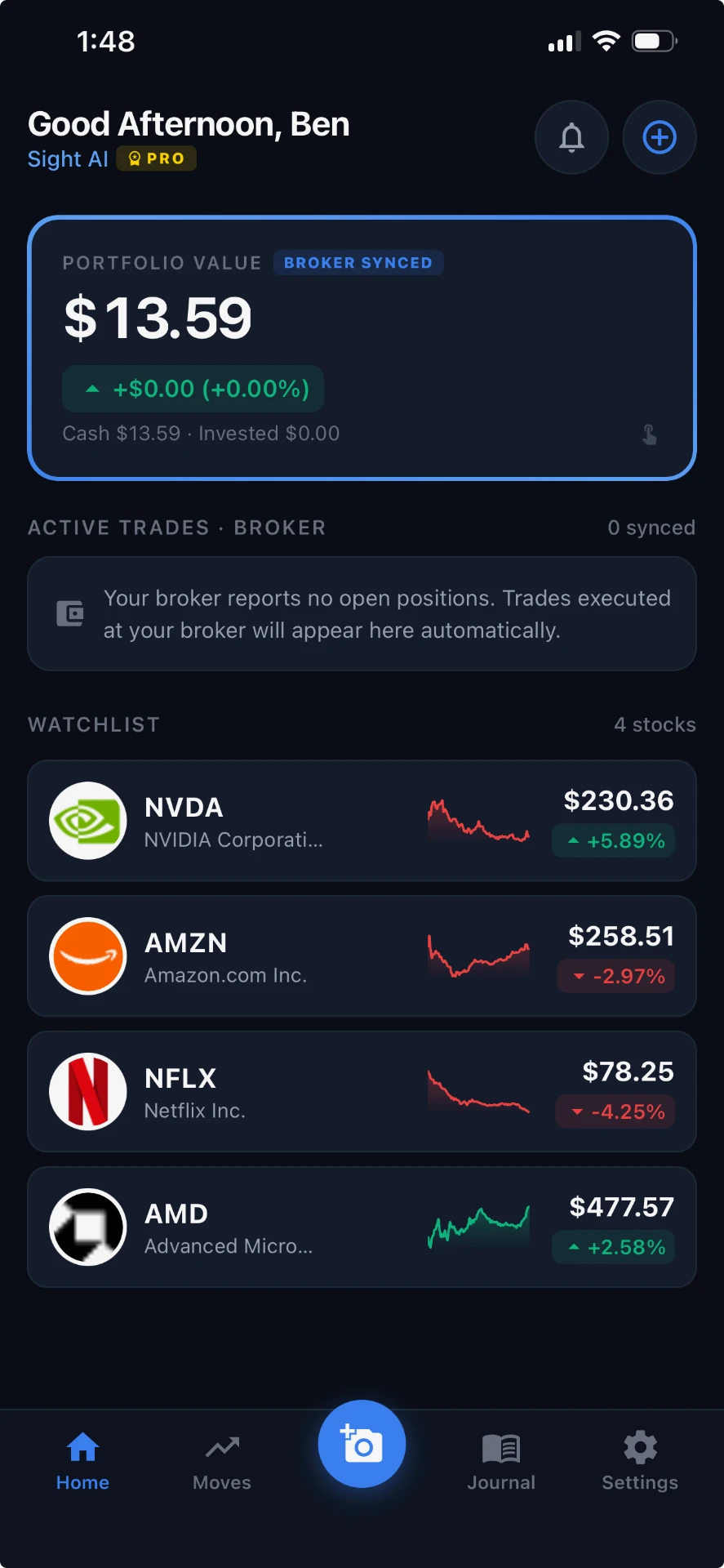 Sight home screen with portfolio and watchlist