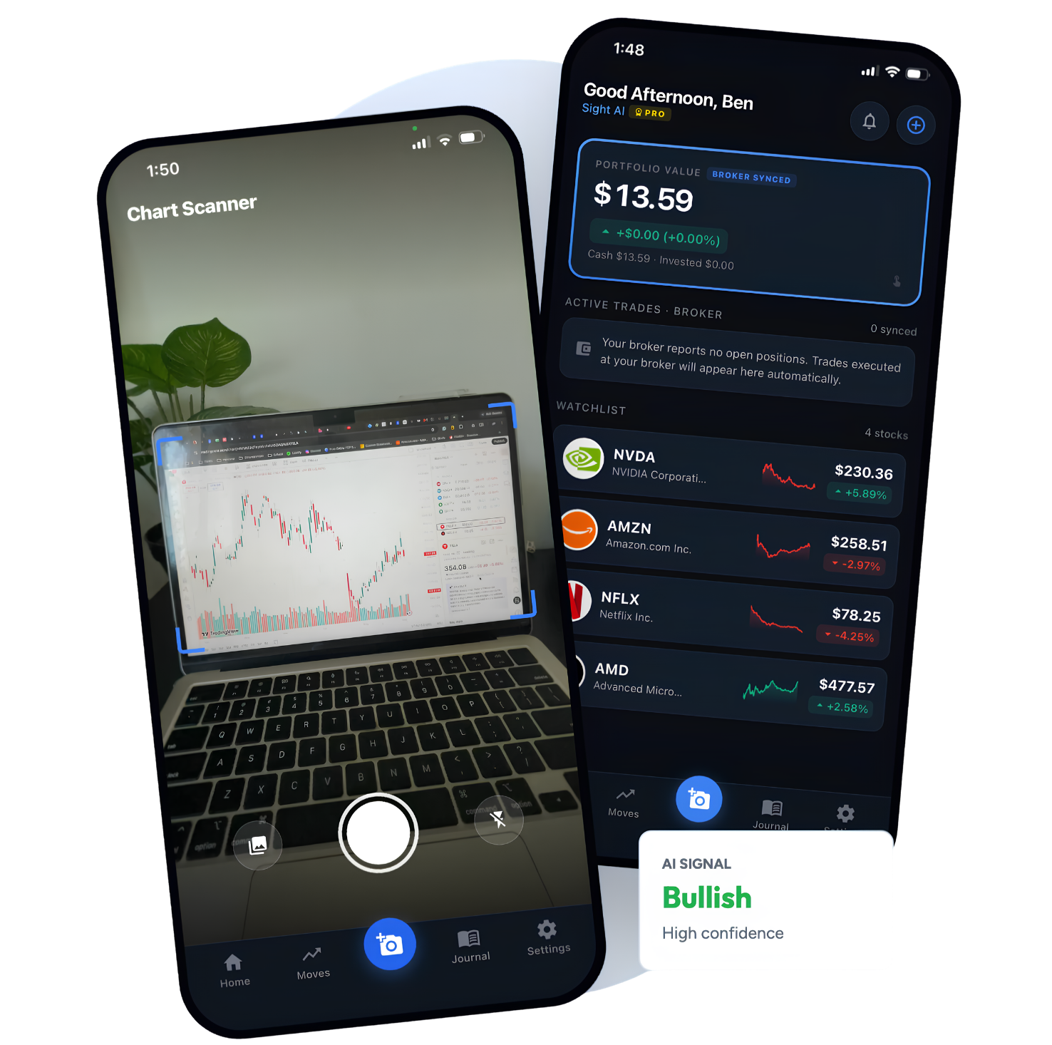 Sight mobile app showing the chart scanner and the home screen with an AI bullish signal