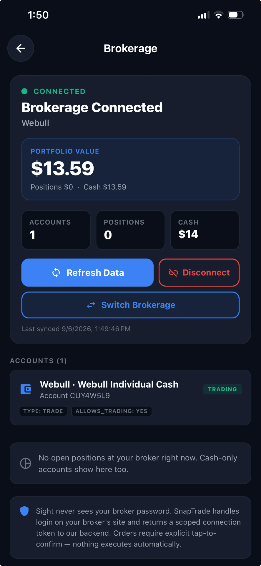 Connected brokerage account in Sight
